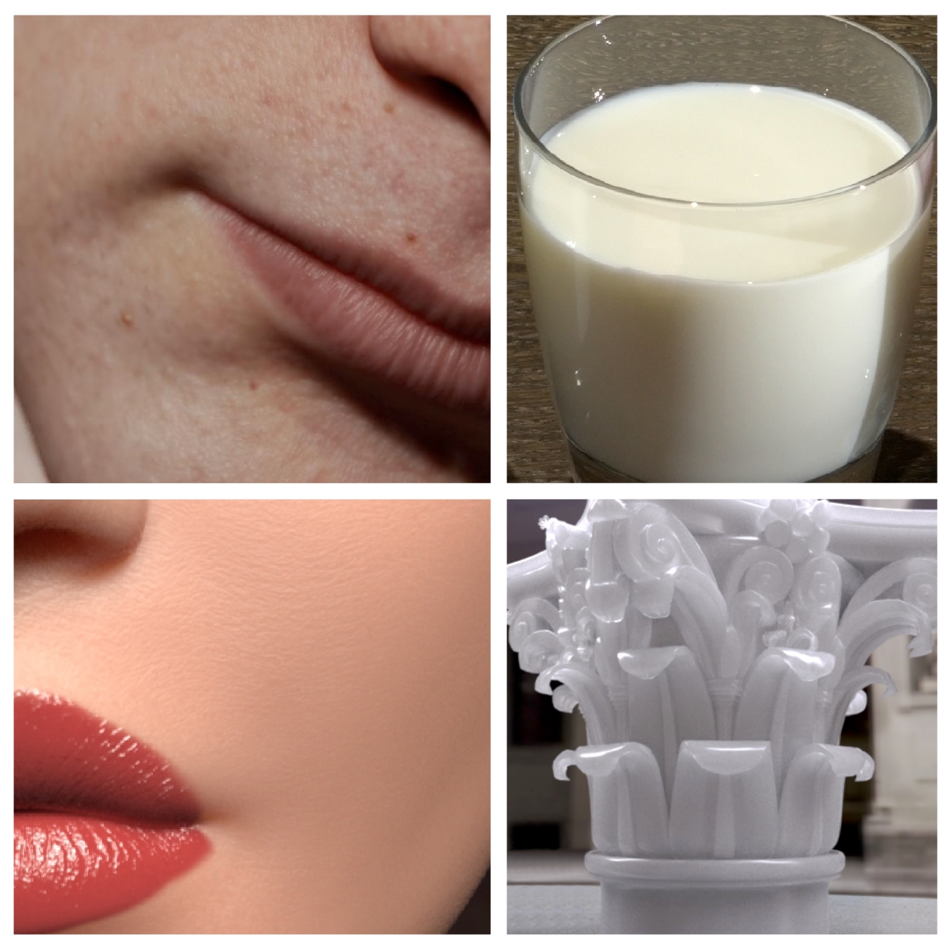 Four computer renderings arranged in a grid: two of white skin, one of a marble pillar, one of a glass of milk.